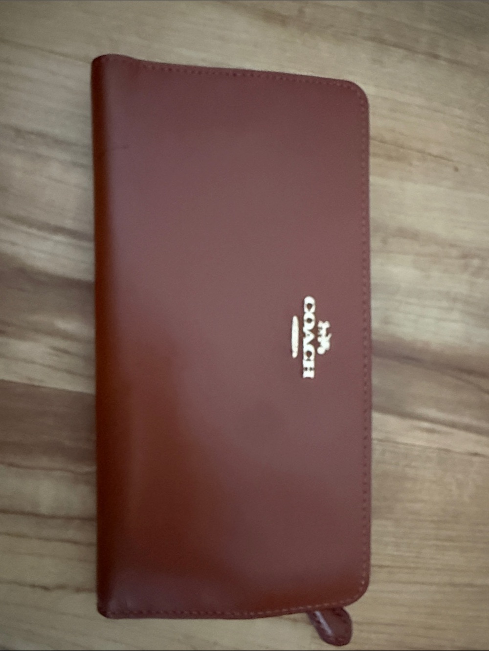 Coach Women's Zip Wallet in Burgundy Brown with Gold Logo